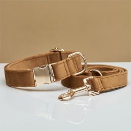 Multiple Colour Velvet Personalise Dog Collar Leash Set With Bow (Option: Coffee set-L)