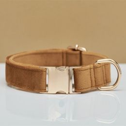 Multiple Colour Velvet Personalise Dog Collar Leash Set With Bow (Option: Coffee-M)
