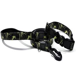 Embossed UV Printed Dog Leash & Collar Set 1.5cm Wide, Waterproof Tear-Resistant Easy To Clean PVC Set, Stylish Patterned Walking Training Gear F (Option: Green)