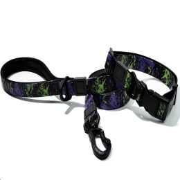 Embossed UV Printed Dog Leash & Collar Set 1.5cm Wide, Waterproof Tear-Resistant Easy To Clean PVC Set, Stylish Patterned Walking Training Gear F (Option: Purple)